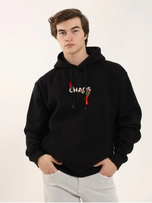 Baskılı Oversize Üç İplik Kapüşonlu Sweatshirt - Siyah -