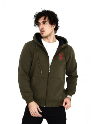 Baskılı Tam Fermuarlı Kapşonlu SweatShirt - Haki -
