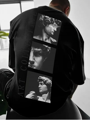 Benzersiz Sırt Baskılı   Sokak Stili Bol Tişört -Siyah -