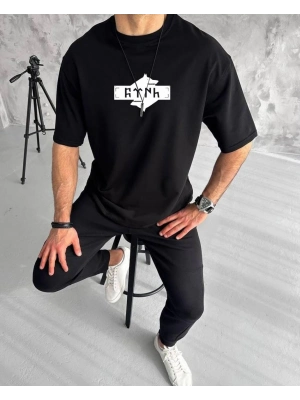 Bisiklet Yaka Baskılı Double Oversize T-Shirt - Siyah -