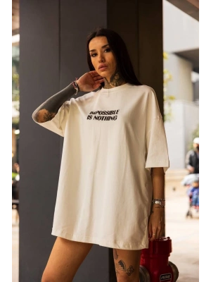 Bisiklet Yaka Baskılı Oversize T-Shirt - Beyaz -