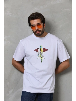 Bisiklet Yaka Baskılı Oversize T-Shirt - Beyaz -