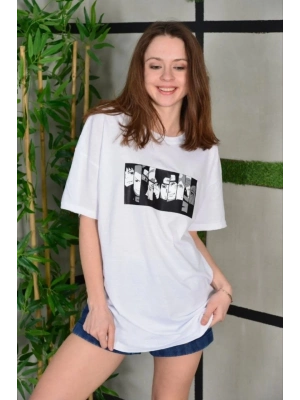 Bisiklet Yaka Baskılı Oversize T-Shirt - Beyaz -