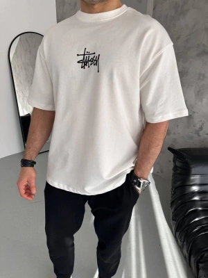 Bisiklet Yaka Baskılı Oversize T-Shirt - Beyaz -