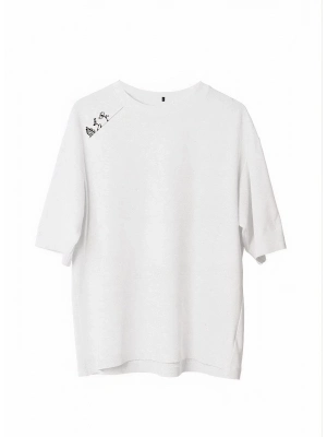 Bisiklet Yaka Baskılı Oversize T-Shirt - Beyaz -