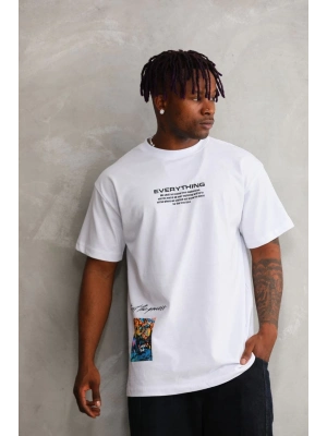 Bisiklet Yaka Baskılı Oversize T-Shirt - Beyaz -