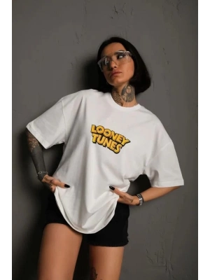 Bisiklet Yaka Baskılı Oversize T-Shirt - Beyaz -