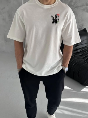 Bisiklet Yaka Baskılı Oversize T-Shirt - Beyaz -