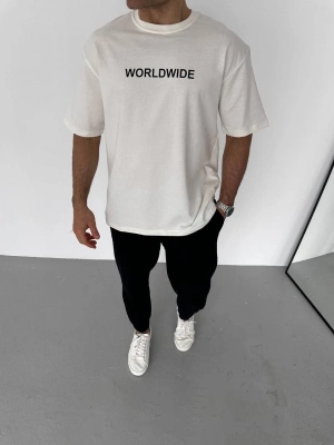 Bisiklet Yaka Baskılı Oversize T-Shirt - Beyaz -