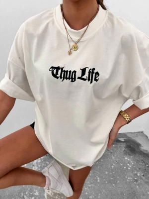 Bisiklet Yaka Baskılı Oversize T-Shirt - Beyaz -