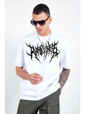 Bisiklet Yaka Baskılı Oversize T-Shirt - Beyaz -