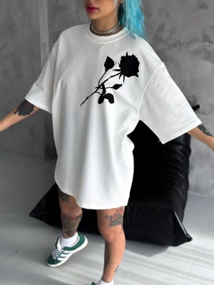 Bisiklet Yaka Baskılı Oversize T-Shirt - Beyaz -