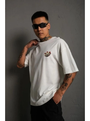 Bisiklet Yaka Baskılı Oversize T-Shirt - Beyaz -