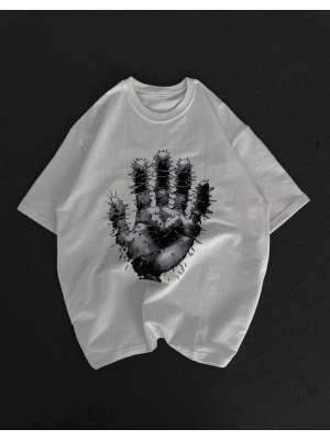 Bisiklet Yaka Baskılı Oversize T-Shirt - Beyaz -