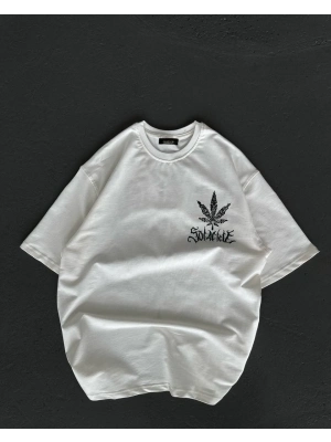 Bisiklet Yaka Baskılı Oversize T-Shirt - Beyaz -