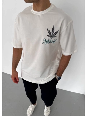 Bisiklet Yaka Baskılı Oversize T-Shirt - Beyaz -