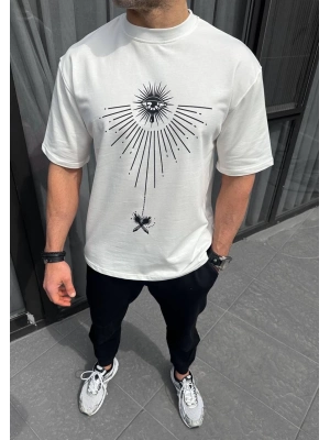 Bisiklet Yaka Baskılı Oversize T-Shirt - Beyaz -
