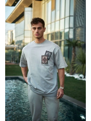 Bisiklet Yaka Baskılı Oversize T-Shirt - Boyalı Gri -