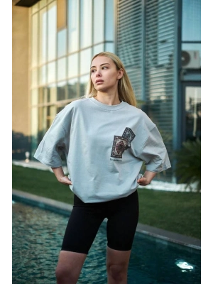 Bisiklet Yaka Baskılı Oversize T-Shirt - Boyalı Gri -