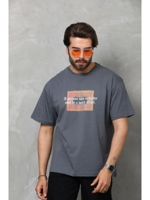 Bisiklet Yaka Baskılı Oversize T-Shirt - Füme -
