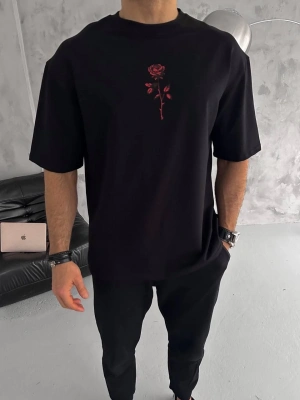 Bisiklet Yaka Baskılı Oversize T-Shirt - Siyah -