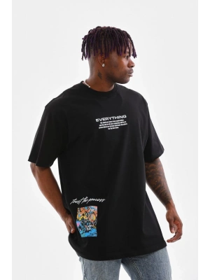 Bisiklet Yaka Baskılı Oversize T-Shirt - Siyah -