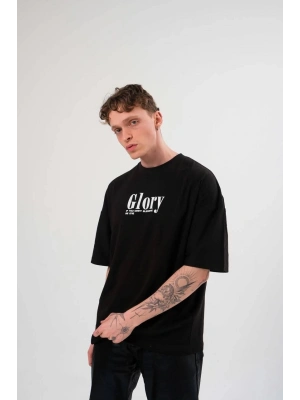 Bisiklet Yaka Baskılı Oversize T-Shirt - Siyah -