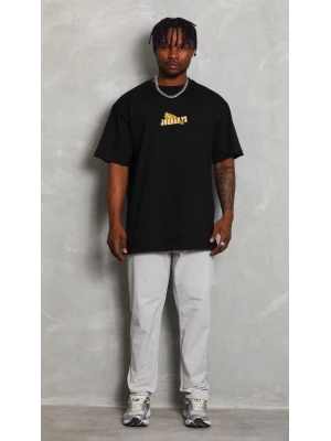 Bisiklet Yaka Baskılı Oversize T-Shirt - Siyah -