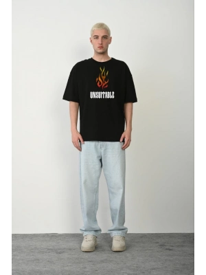 Bisiklet Yaka Baskılı Oversize T-Shirt - Siyah -