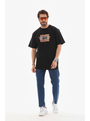Bisiklet Yaka Baskılı Oversize T-Shirt - Siyah -
