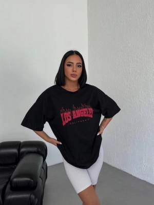 Bisiklet Yaka Baskılı Oversize T-Shirt - Siyah -