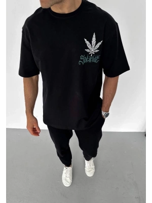 Bisiklet Yaka Baskılı Oversize T-Shirt - Siyah -