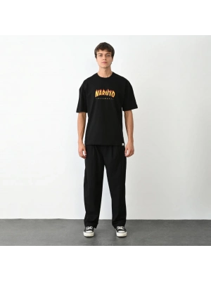 Bisiklet Yaka Baskılı Oversize T-Shirt - Siyah -