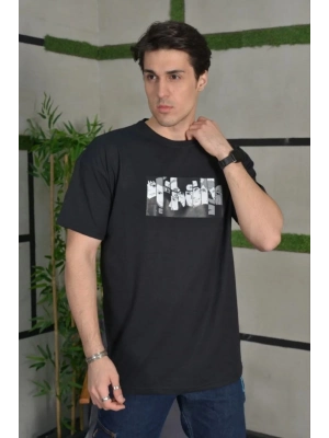 Bisiklet Yaka Baskılı Oversize T-Shirt - Siyah -