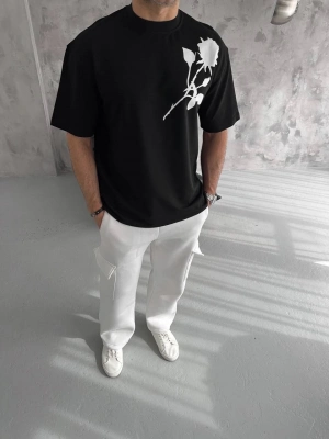 Bisiklet Yaka Baskılı Oversize T-Shirt - Siyah -