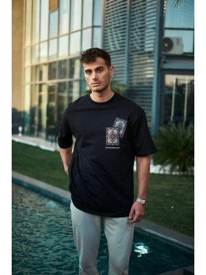 Bisiklet Yaka Baskılı Oversize T-Shirt - Siyah -