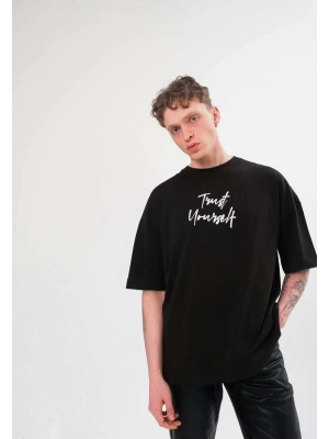 Bisiklet Yaka Baskılı Oversize T-Shirt - Siyah -