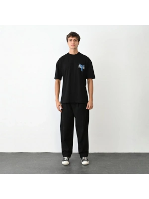 Bisiklet Yaka Baskılı Oversize T-Shirt - Siyah -