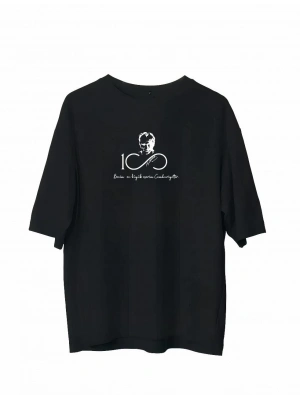 Bisiklet Yaka Baskılı Oversize T-Shirt - Siyah -