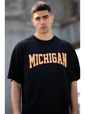 Bisiklet Yaka Baskılı Oversize T-Shirt - Siyah -