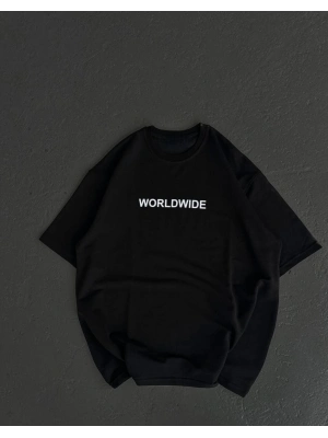 Bisiklet Yaka Baskılı Oversize T-Shirt - Siyah -