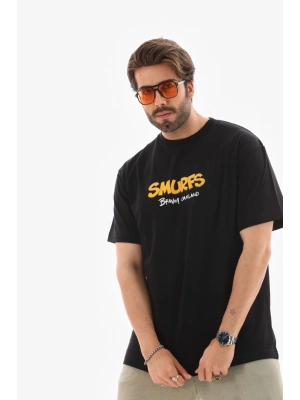 Bisiklet Yaka Baskılı Oversize T-Shirt - Siyah -