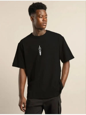 Bisiklet Yaka Baskılı Oversize T-Shirt - Siyah -