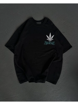 Bisiklet Yaka Baskılı Oversize T-Shirt - Siyah -