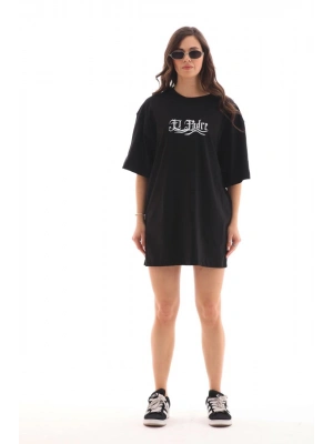 Bisiklet Yaka Baskılı Oversize T-Shirt - Siyah -