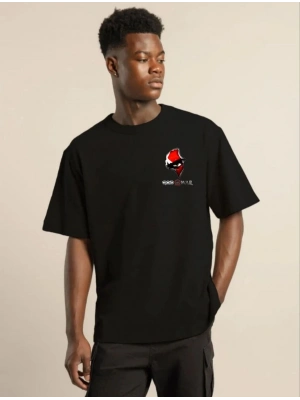 Bisiklet Yaka Baskılı Oversize T-Shirt - Siyah -