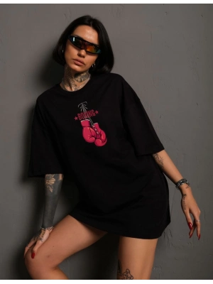 Bisiklet Yaka Baskılı Oversize T-Shirt - Siyah -