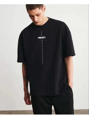 Bisiklet Yaka Baskılı Oversize T-Shirt - Siyah -