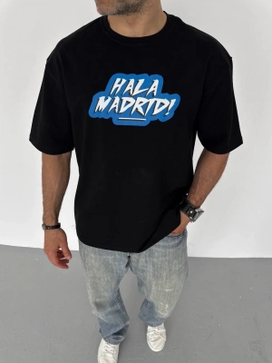 Bisiklet Yaka Baskılı Oversize T-Shirt - Siyah -