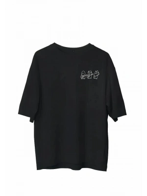 Bisiklet Yaka Baskılı Oversize T-Shirt - Siyah -